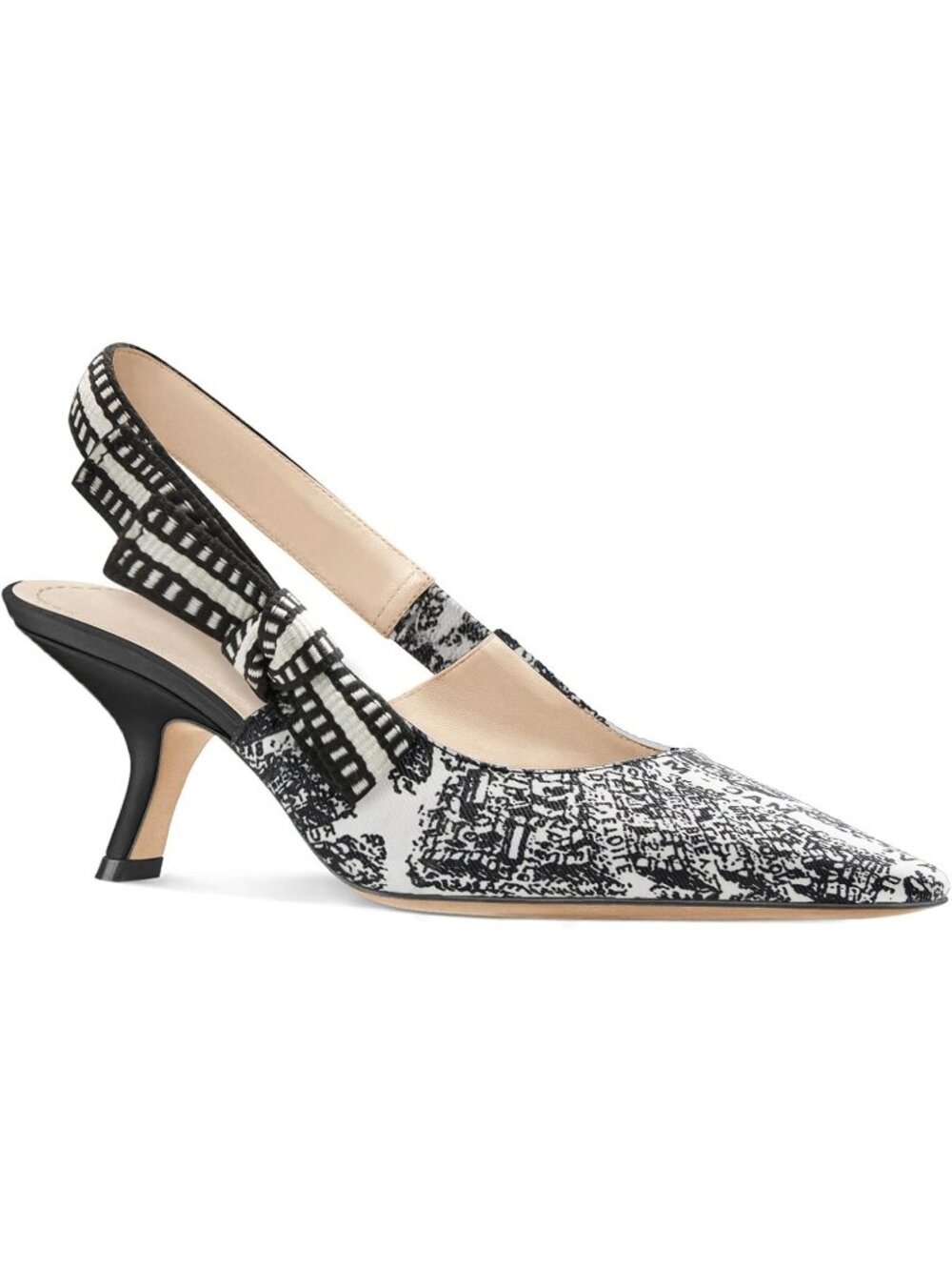 Women's Printed Black Slingback Kitten Heels Pointed Toe Bowknot Knitted Sandals